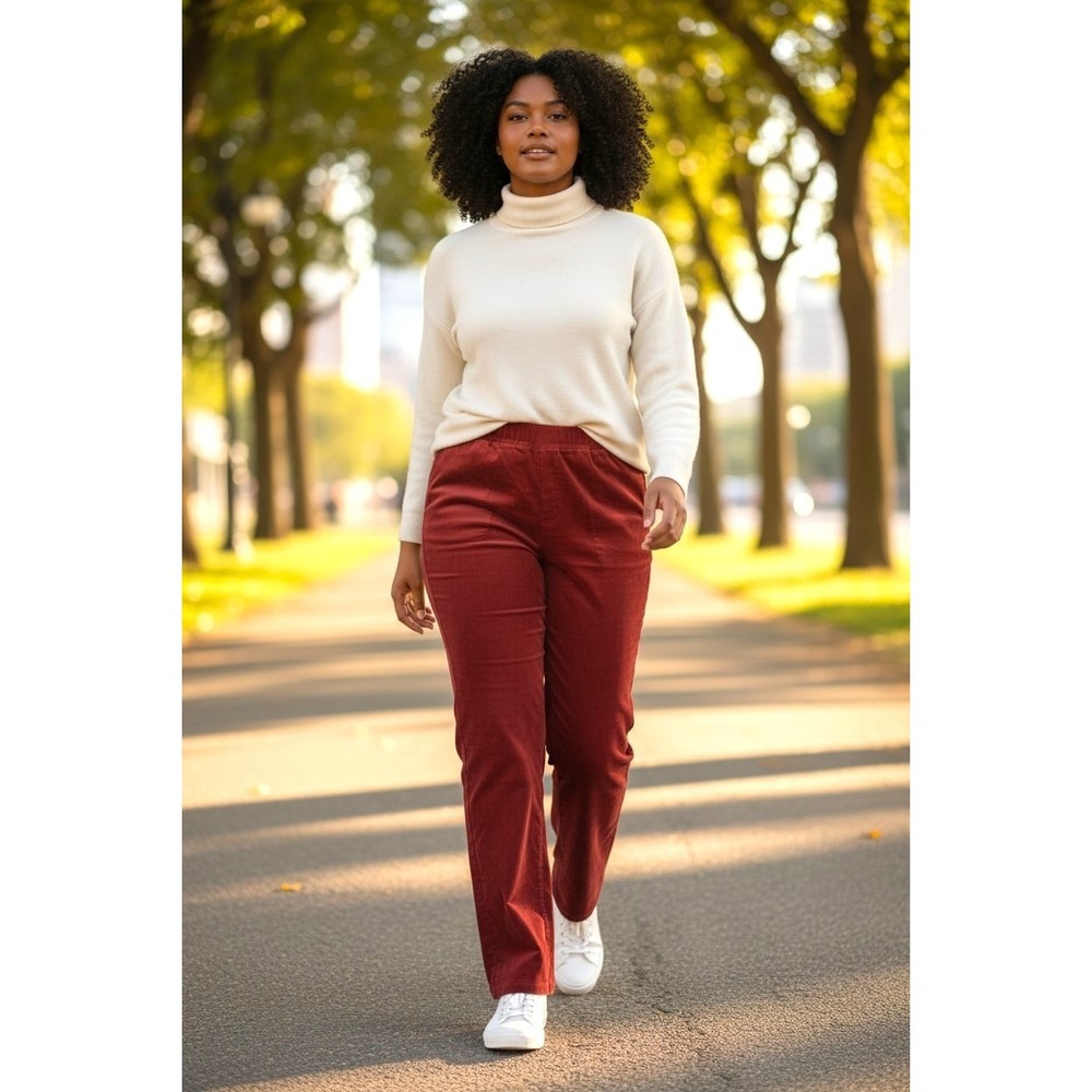 (G-218) Denim & Co Stretch Velvet Pull-On Pants Cranberry Petite Large NWT QVC - Picture 1 of 10